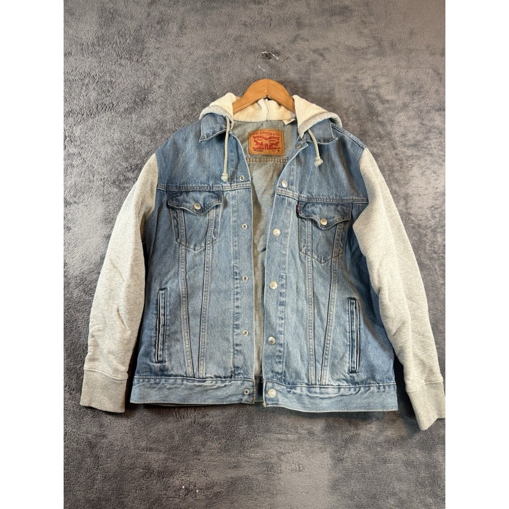 Levis Mens Hybrid Hoodie Trucker Jacket Medium Light Wash Blue Denim Grey Hood